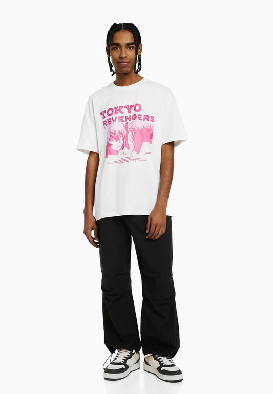 BERSHKA SHORT SLEEVE BOXY FIT - T-Shirt Print - Off White