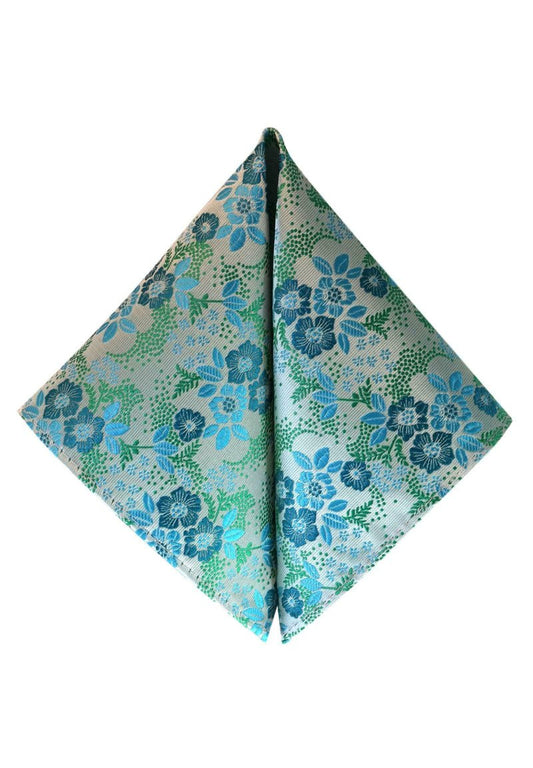 2 SET - Einstecktuch - Platin Grau Petrol Tuerkis Jacquard Blumen Sage Gruen