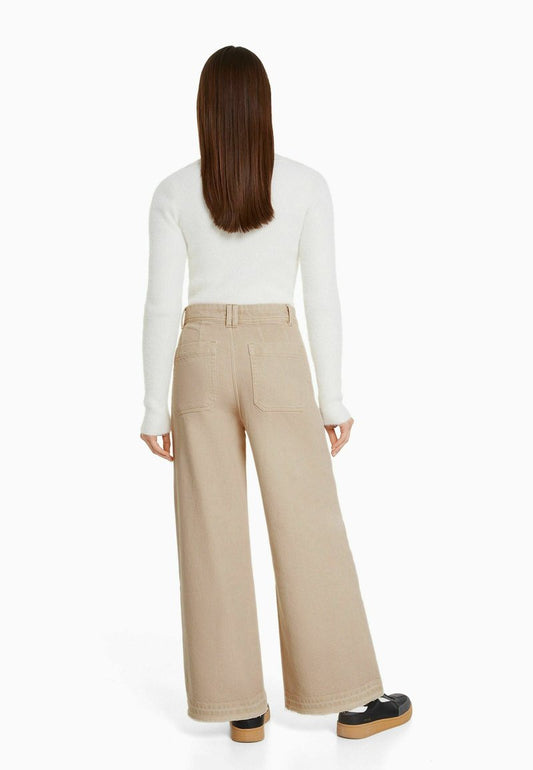 BERSHKA CULOTTES - Flared Jeans - Sand