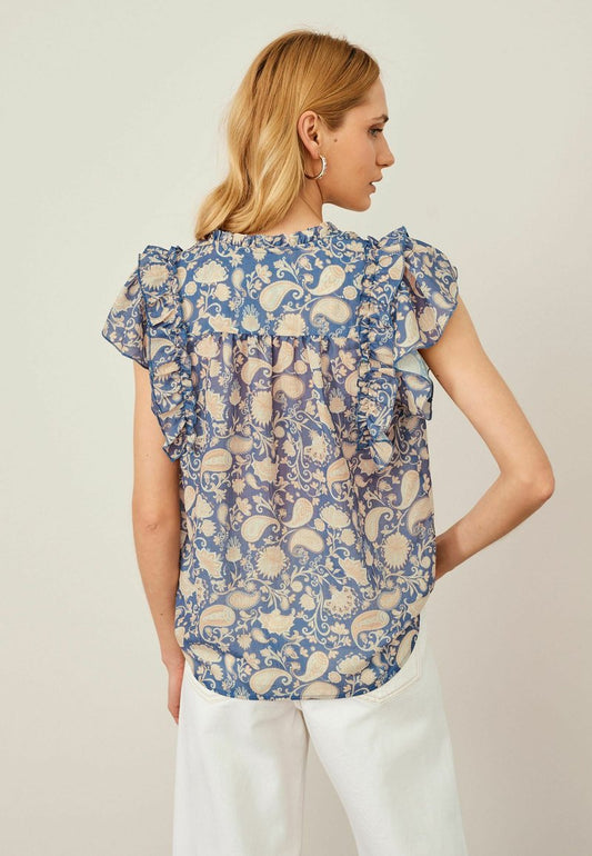 Next FLUTTER SLEEVE PINTUCK SHORT SLEEVE - Bluse - Blue Floral