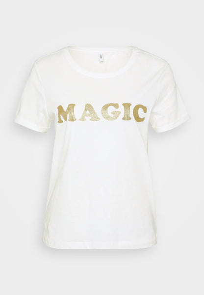 ONLY Petite ONLOLIVE AMOUR GLITTER - Print T-shirt - Cloud Dancer/gold-coloured