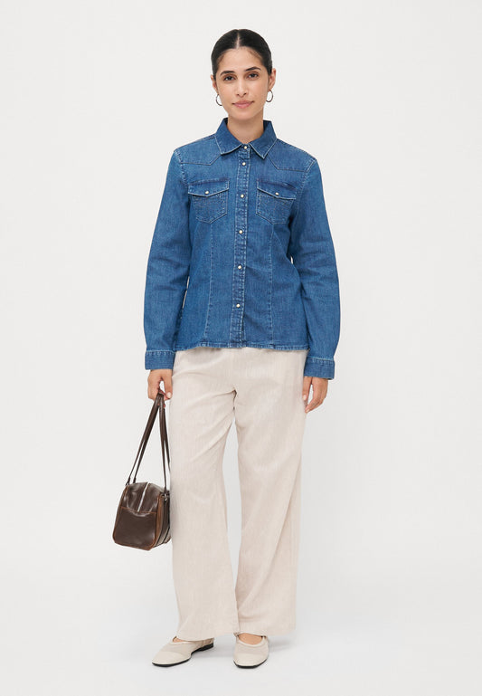 ONLY Petite ONLSASIA RHINESTONE SHIRT - Button-down Blouse - Medium Blue Denim