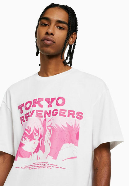BERSHKA SHORT SLEEVE BOXY FIT - T-Shirt Print - Off White