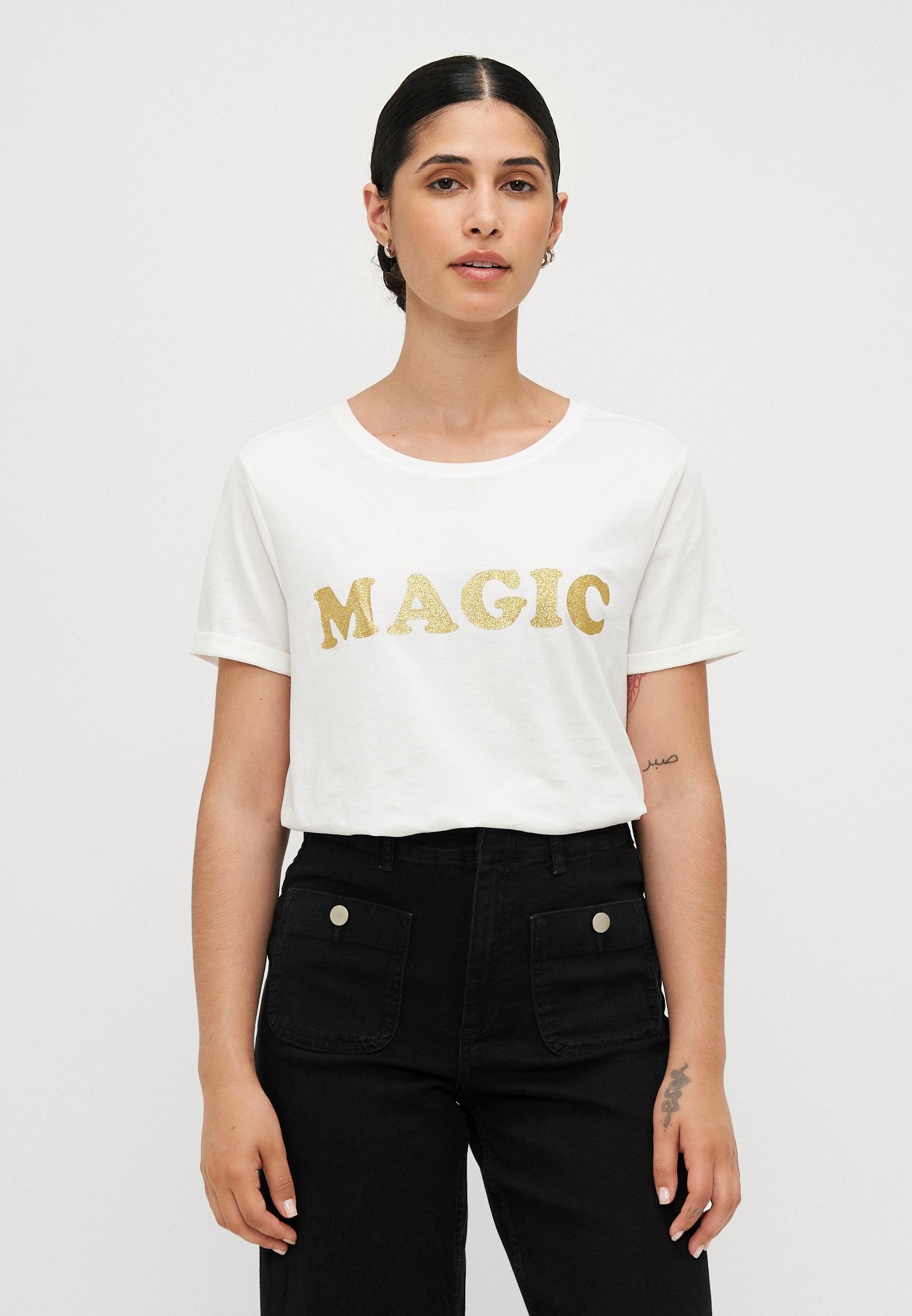ONLY Petite ONLOLIVE AMOUR GLITTER - Print T-shirt - Cloud Dancer/gold-coloured