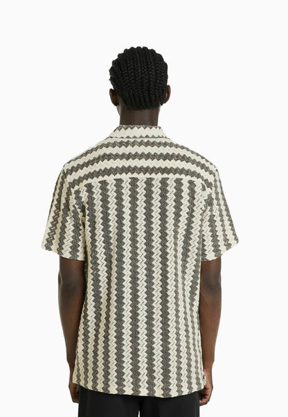 BERSHKA OPEN KNIT SHORT SLEEVE - Hemd - Sand