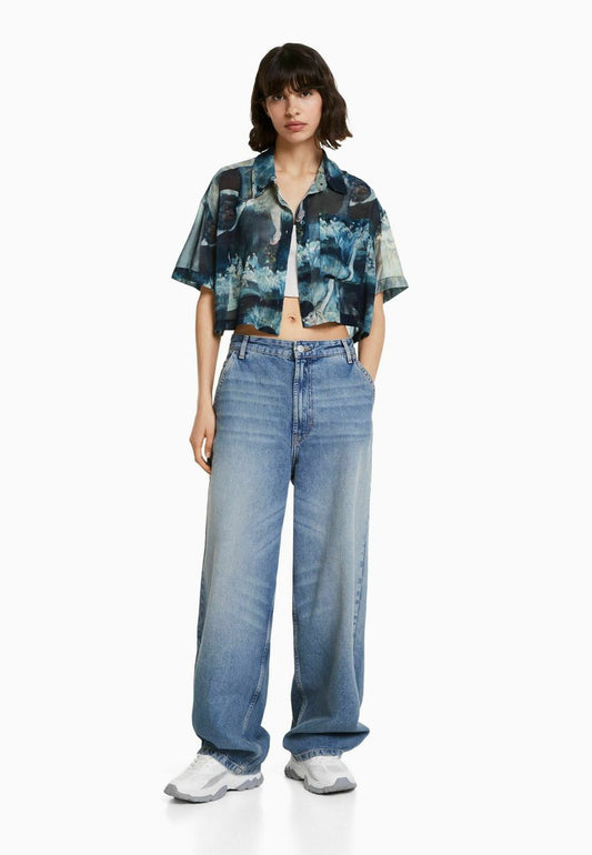 BERSHKA SHORT SLEEVE WITH ART SERIES PRIN - Hemdbluse - Dark Green