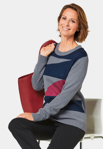 GOLDNER Strickpullover - Grau Winterrot Gemustert