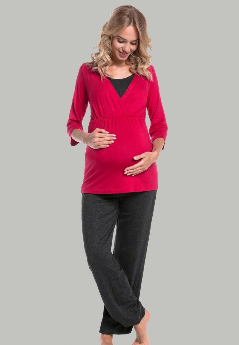Happy Mama SET - Nachtwäsche Set - Raspberry & Graphite Melange