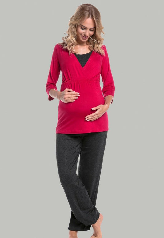 Happy Mama SET - Nachtwäsche Set - Raspberry & Graphite Melange