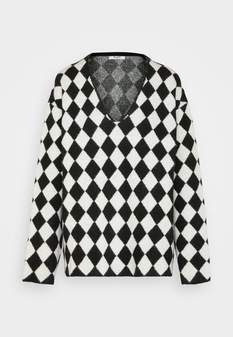NA-KD OVERSIZED V NECK JUMPER - Strickpullover - Black/off White