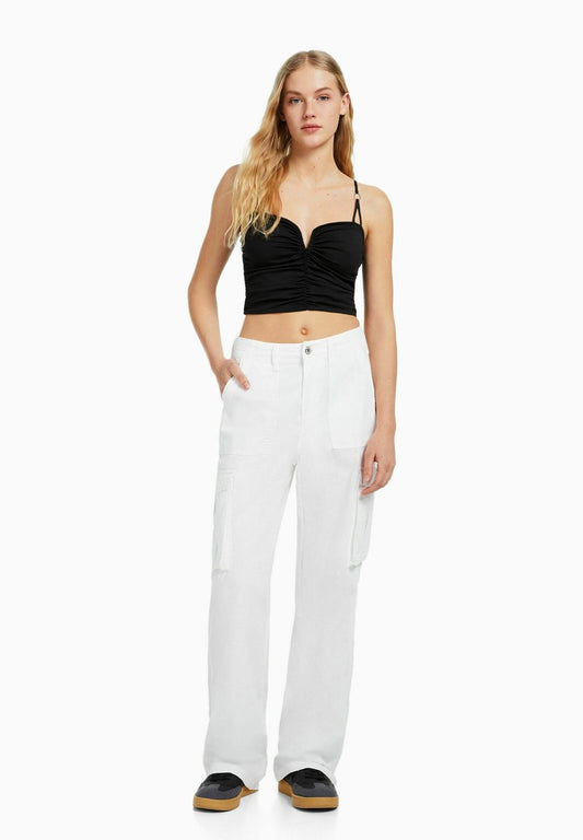 BERSHKA GATHERED WITH NECKLINE DETAIL - Top - Black