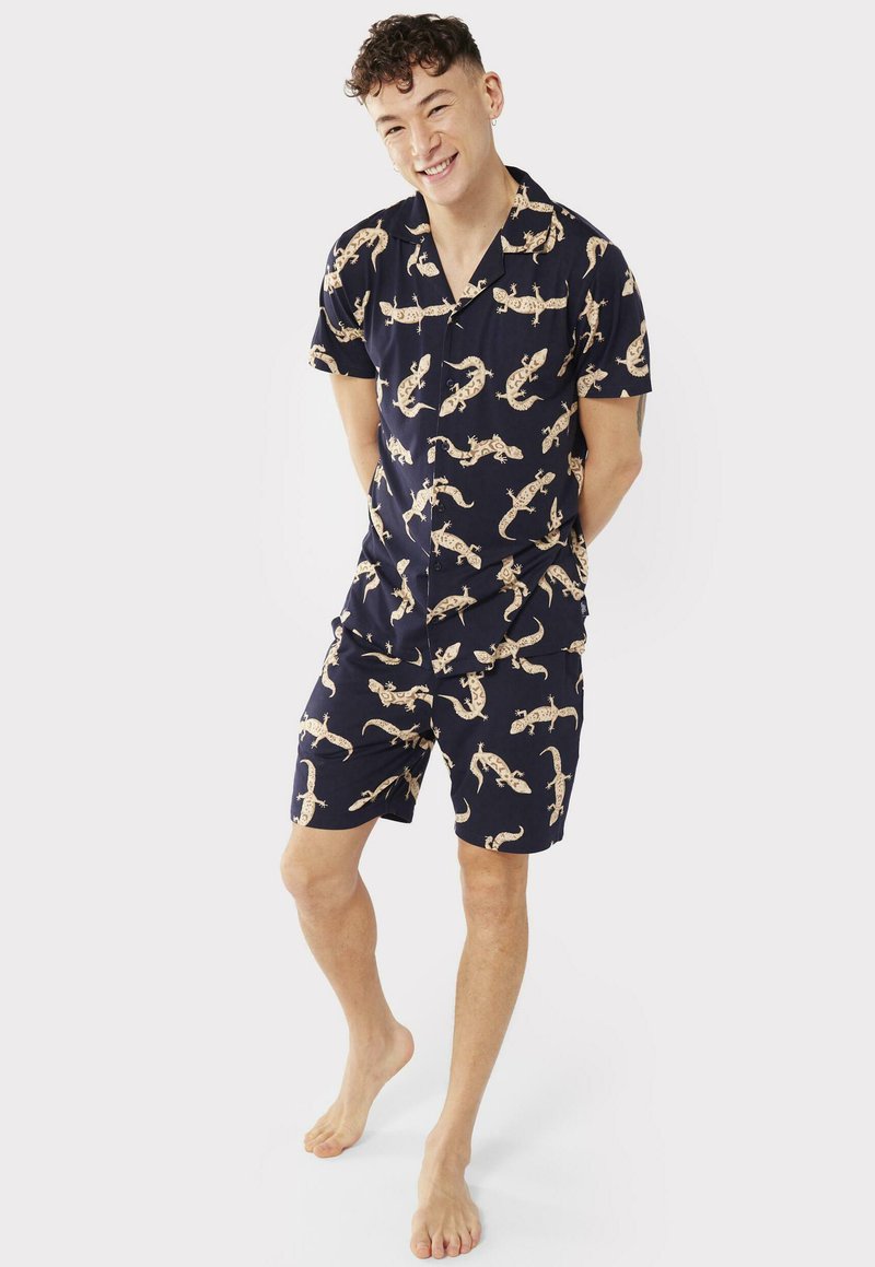  GECKO PRINT REVERE COLLAR - Nachtwäsche Set - Navy
