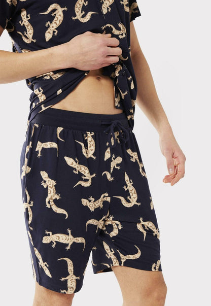  GECKO PRINT REVERE COLLAR - Nachtwäsche Set - Navy