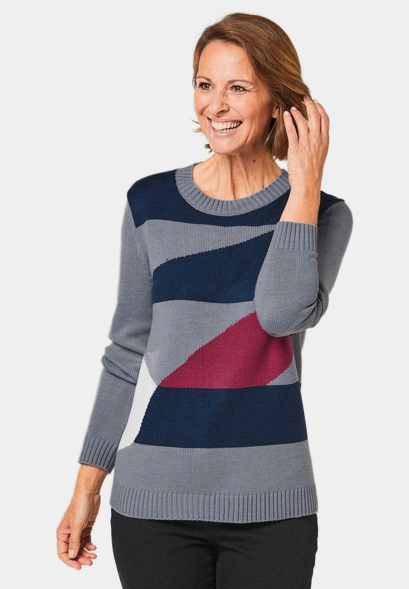 GOLDNER Strickpullover - Grau Winterrot Gemustert