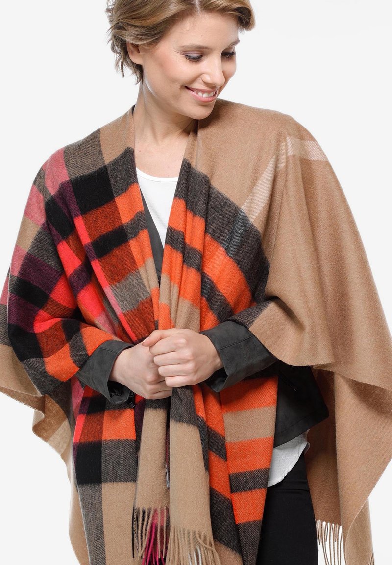  FRAAS PLAID PONCHO - Cape - Camel Red