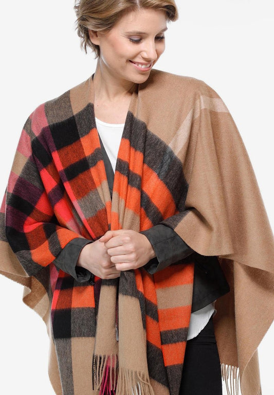  FRAAS PLAID PONCHO - Cape - Camel Red
