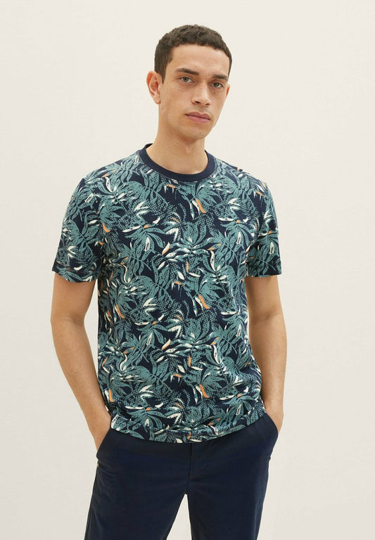 Tom Tailor ALLOVER PRINTED - T-Shirt Print - Navy Green Big Leaf Design
