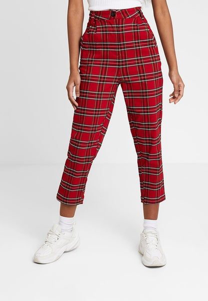 URBAN CLASSICS LADIES HIGHWAIST CHECKER CROPPED PANTS - Stoffhose - Red/black