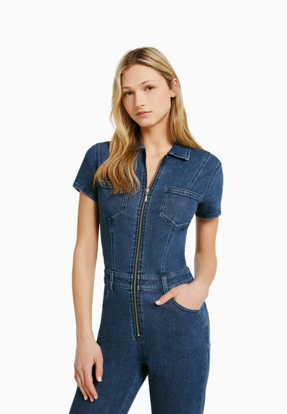 BERSHKA WITH SHORT SLEEVES AND ZIP - Jumpsuit - Dark Blue