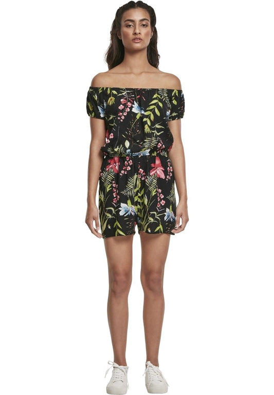 URBAN CLASSICS LADIES AOP OFF SHOULDER SHORT JUMPSUIT - Jumpsuit - Black Flower