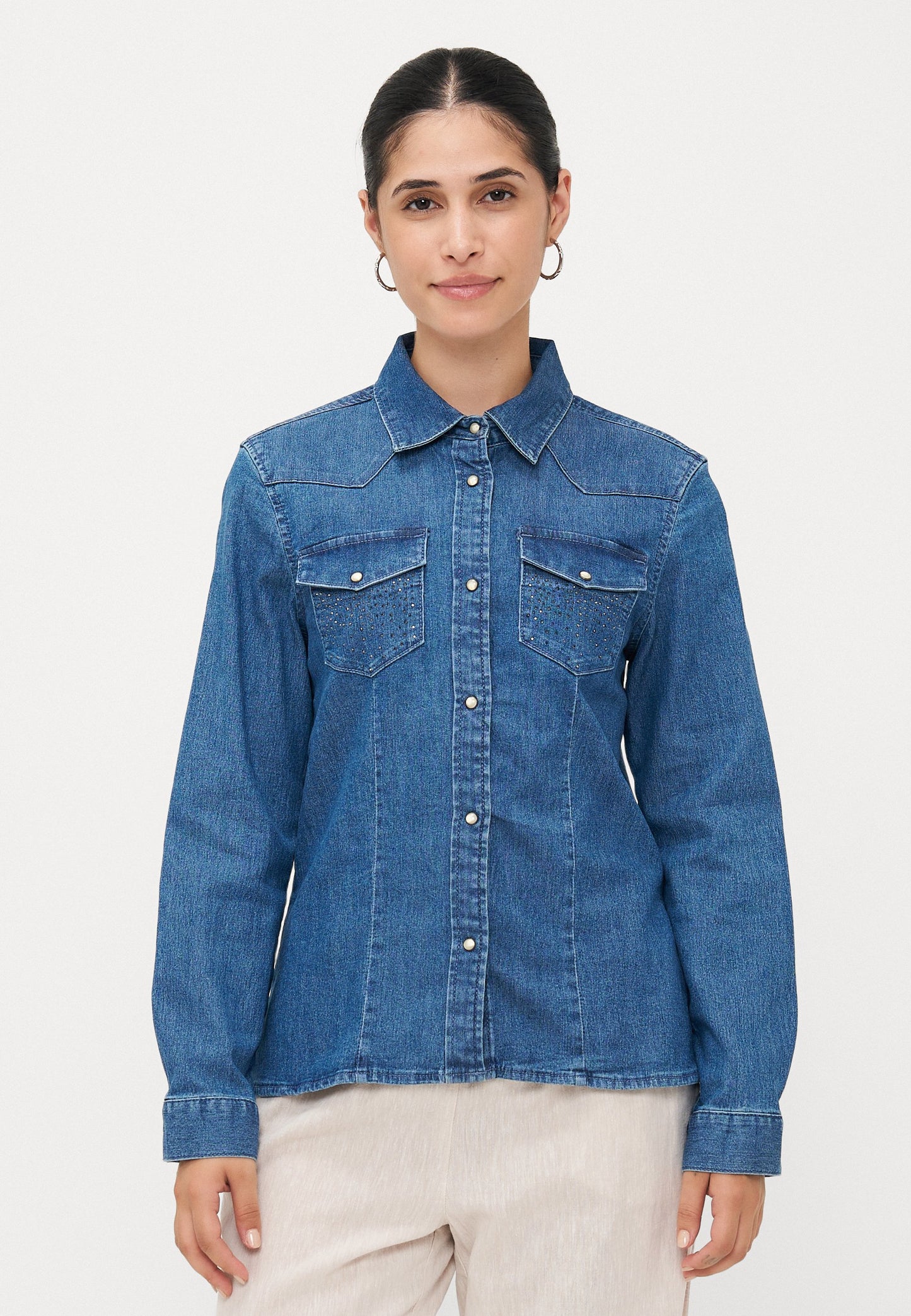 ONLY Petite ONLSASIA RHINESTONE SHIRT - Button-down Blouse - Medium Blue Denim