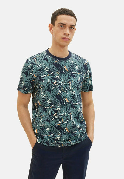 Tom Tailor ALLOVER PRINTED - T-Shirt Print - Navy Green Big Leaf Design