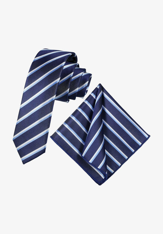  SET - Einstecktuch - Stahlblau Royalblau Himmelblau Weiss Gestreift