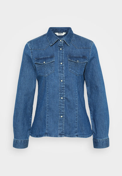 ONLY Petite ONLSASIA RHINESTONE SHIRT - Button-down Blouse - Medium Blue Denim