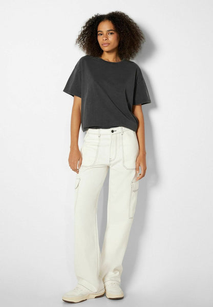 BERSHKA OVERSIZE SHORT SLEEVE - T-Shirt Print - Dark Grey