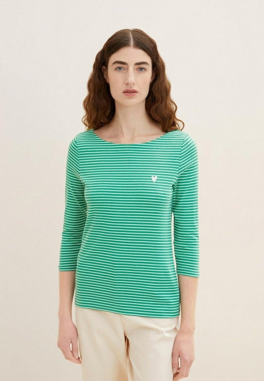 Tom Tailor GESTREIFTES MIT 3/4 ARM - Langarmshirt - Green Offwhite Thin Stripe