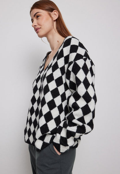 NA-KD OVERSIZED V NECK JUMPER - Strickpullover - Black/off White