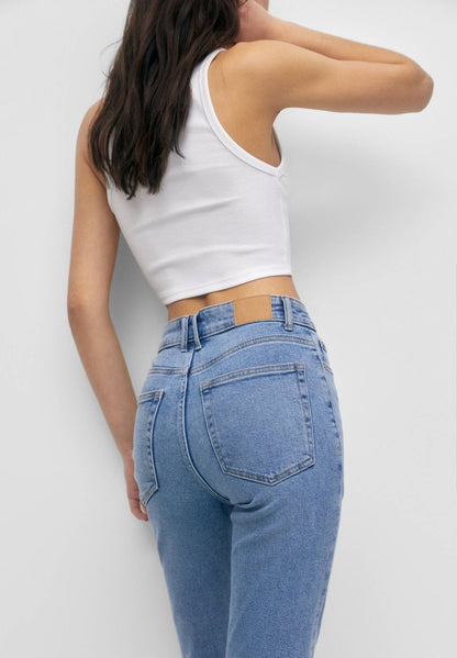 PULL & BEAR HIGH WAIST MOM - Jeans Slim Fit - Stone Blue Denim
