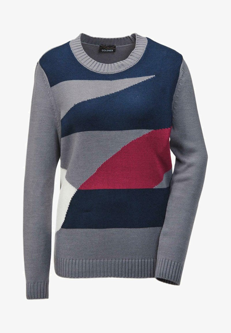 GOLDNER Strickpullover - Grau Winterrot Gemustert