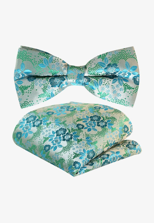  2 SET - Einstecktuch - Platin Grau Petrol Tuerkis Jacquard Blumen Sage Gruen
