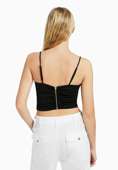 BERSHKA GATHERED WITH NECKLINE DETAIL - Top - Black
