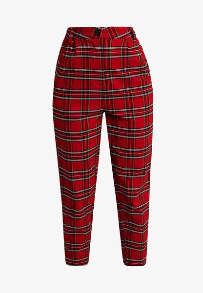 URBAN CLASSICS LADIES HIGHWAIST CHECKER CROPPED PANTS - Stoffhose - Red/black