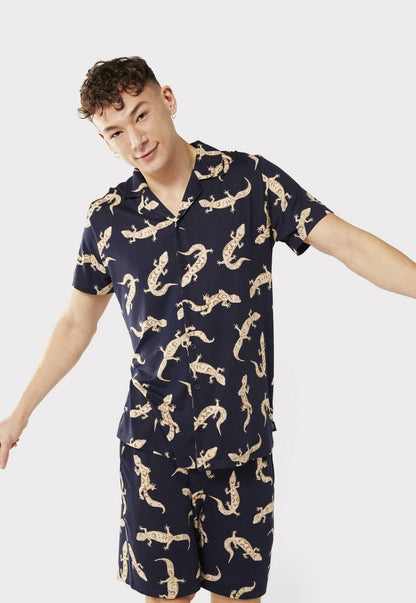  GECKO PRINT REVERE COLLAR - Nachtwäsche Set - Navy