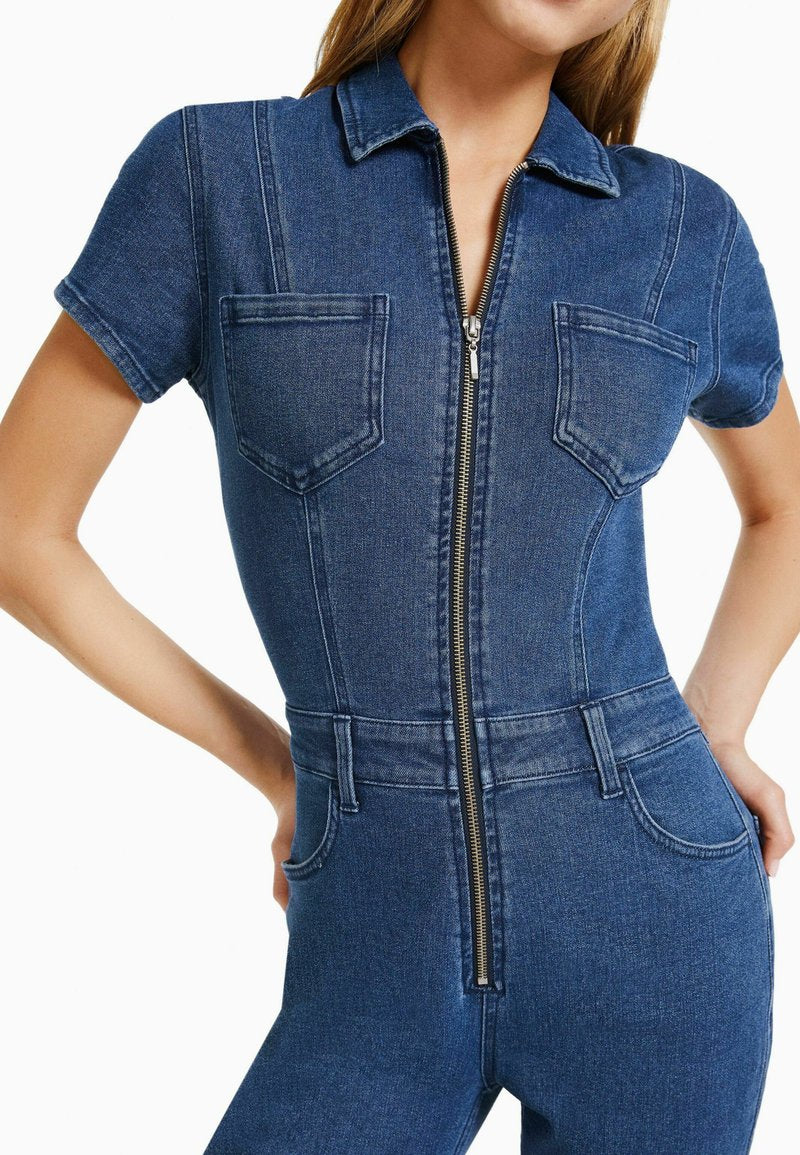 BERSHKA WITH SHORT SLEEVES AND ZIP - Jumpsuit - Dark Blue