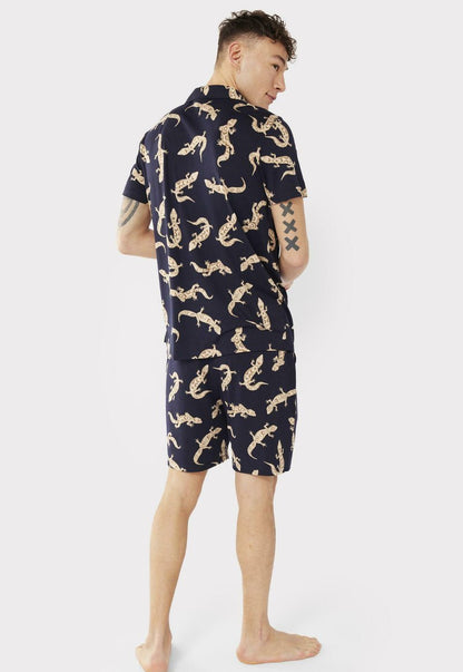 GECKO PRINT REVERE COLLAR - Nachtwäsche Set - Navy