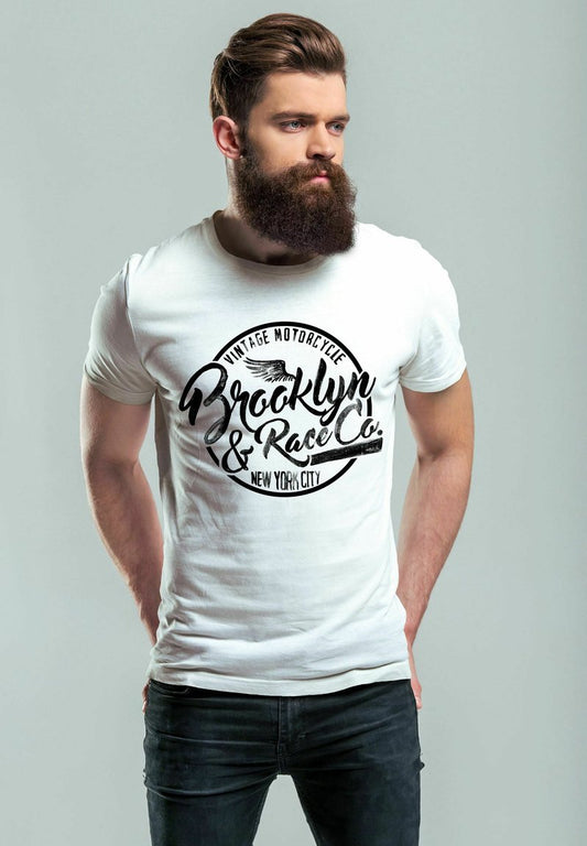  BROOKLYN RACE MOTORCYCLE VINTAGE WATERCOLOR - T-Shirt Print - Weiß
