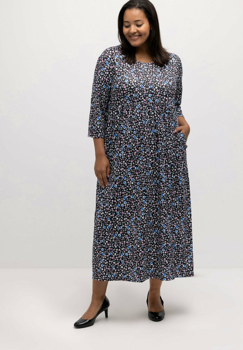 Ulla Popken MUSTER, PRINZESSNAHT, RUNDHALS - Jerseykleid - Multicolor Schwarz