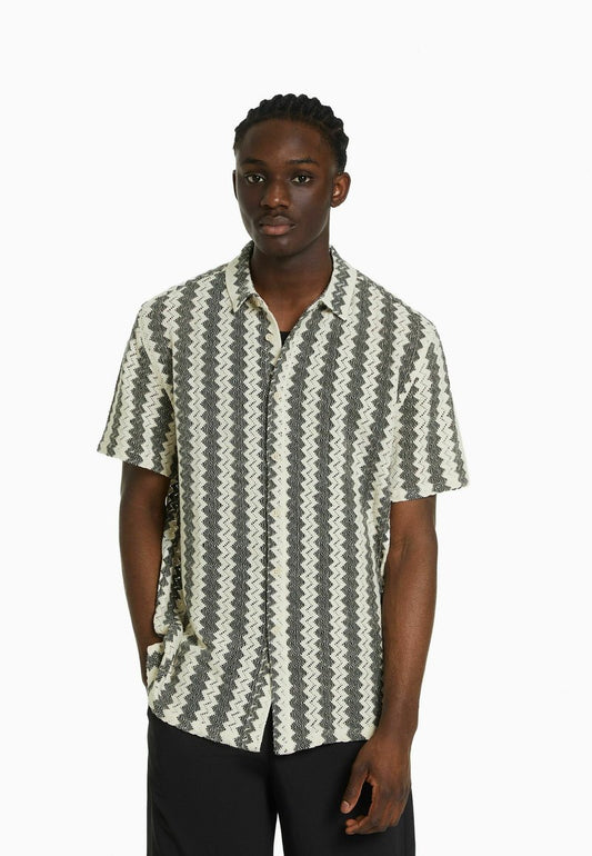 BERSHKA OPEN KNIT SHORT SLEEVE - Hemd - Sand