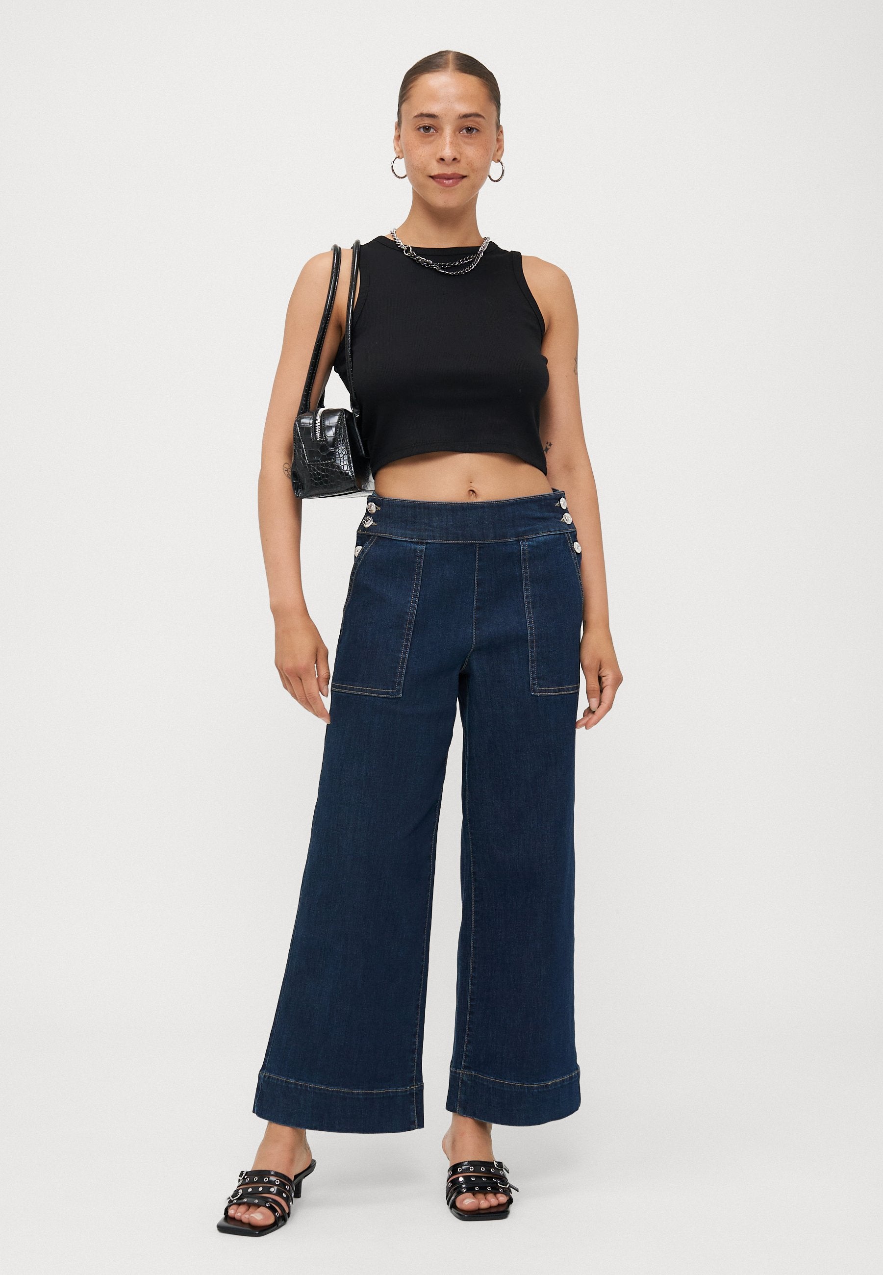 ONLY Petite ONLMADISON BUTTONS - Wide Leg - Dark Blue Denim
