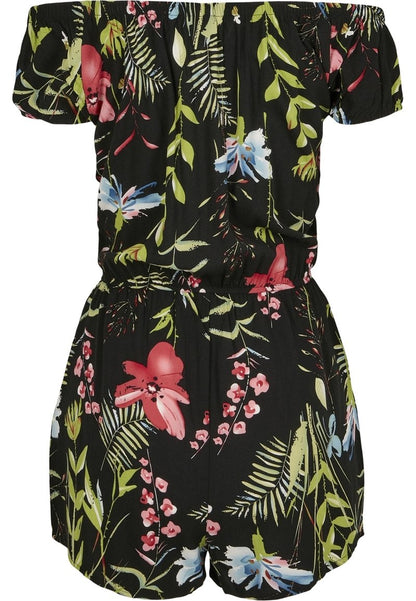 URBAN CLASSICS LADIES AOP OFF SHOULDER SHORT JUMPSUIT - Jumpsuit - Black Flower