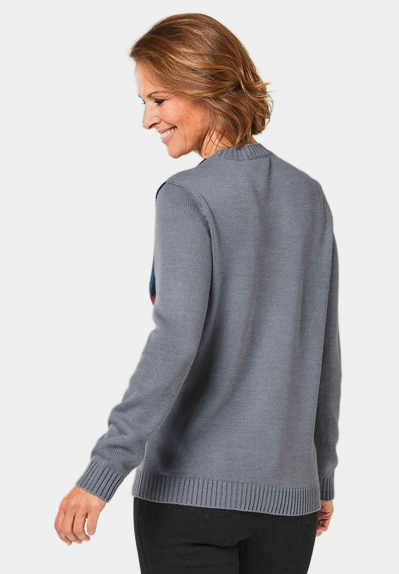 GOLDNER Strickpullover - Grau Winterrot Gemustert