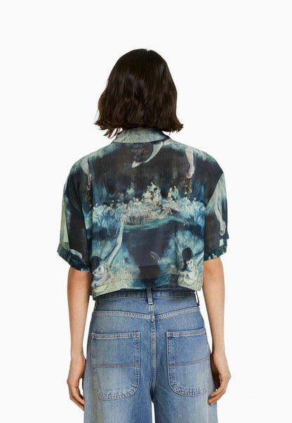 BERSHKA SHORT SLEEVE WITH ART SERIES PRIN - Hemdbluse - Dark Green