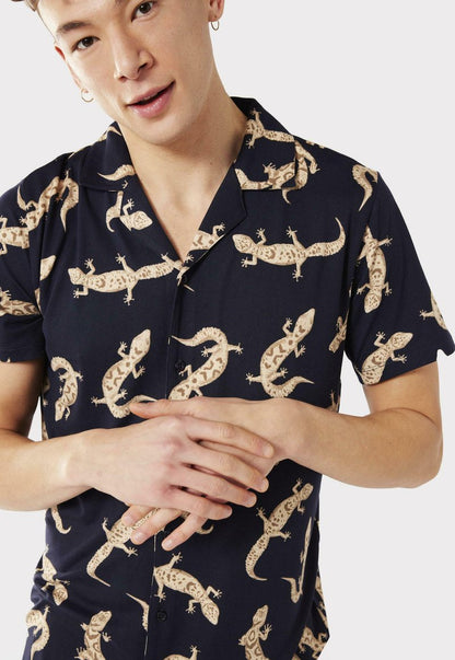 GECKO PRINT REVERE COLLAR - Nachtwäsche Set - Navy