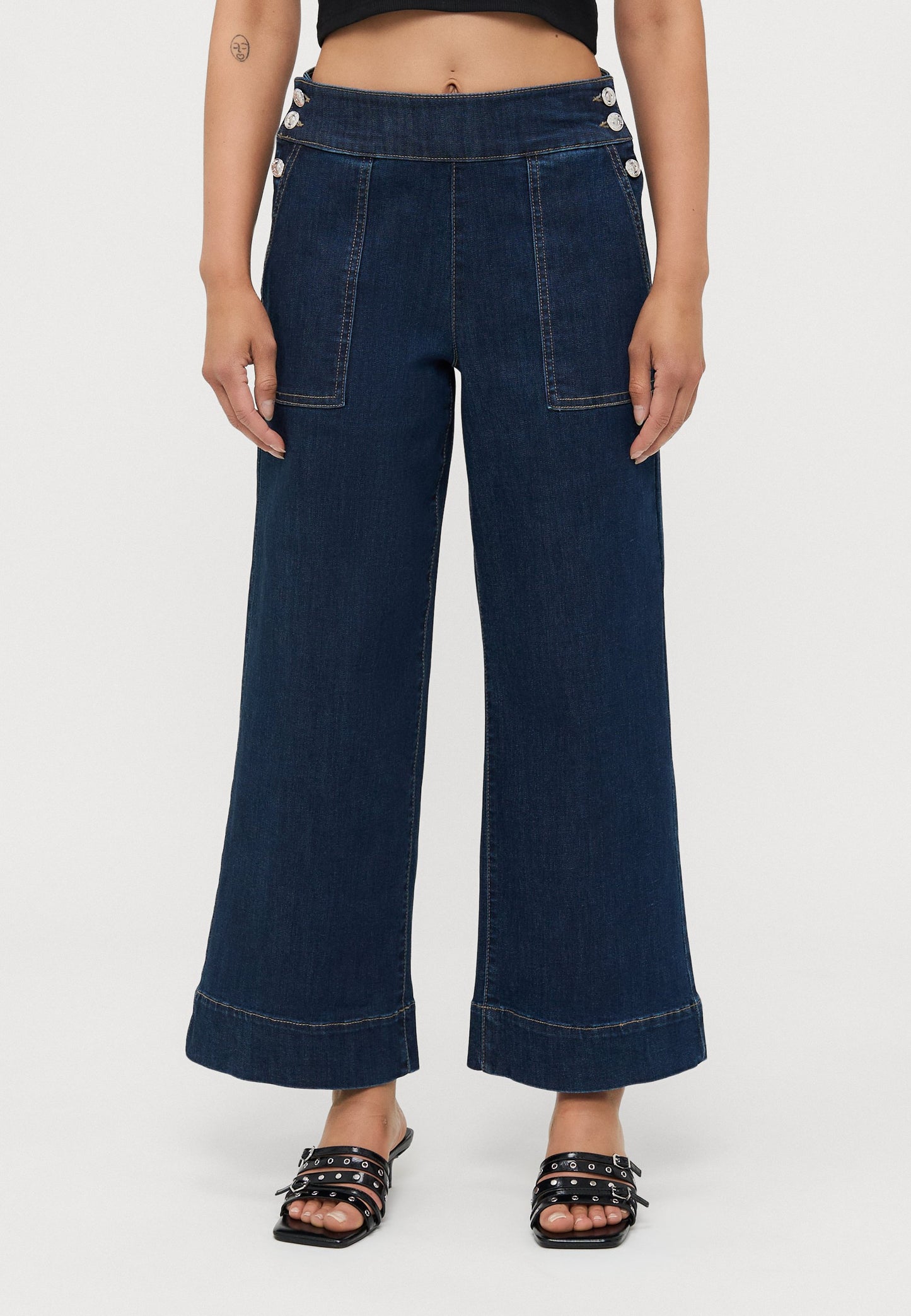 ONLY Petite ONLMADISON BUTTONS - Wide Leg - Dark Blue Denim