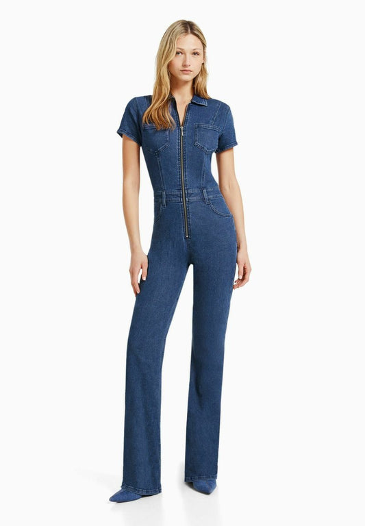 BERSHKA WITH SHORT SLEEVES AND ZIP - Jumpsuit - Dark Blue