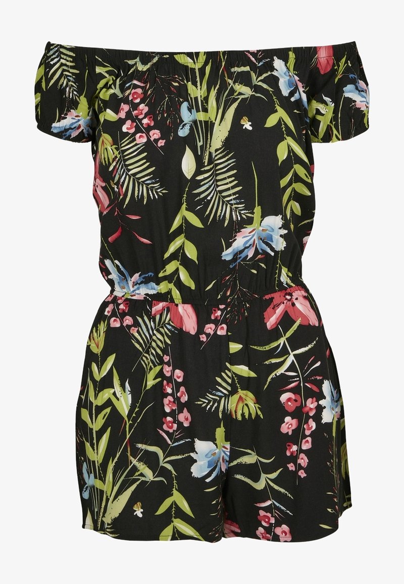 URBAN CLASSICS LADIES AOP OFF SHOULDER SHORT JUMPSUIT - Jumpsuit - Black Flower